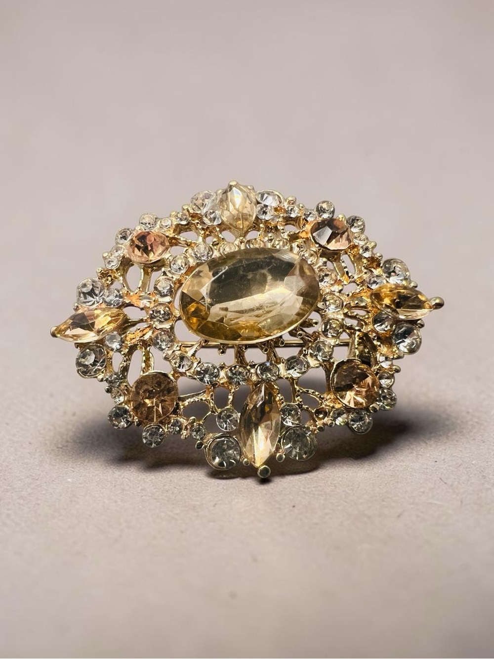 Champagne Rhinestone Gold Tone brooch